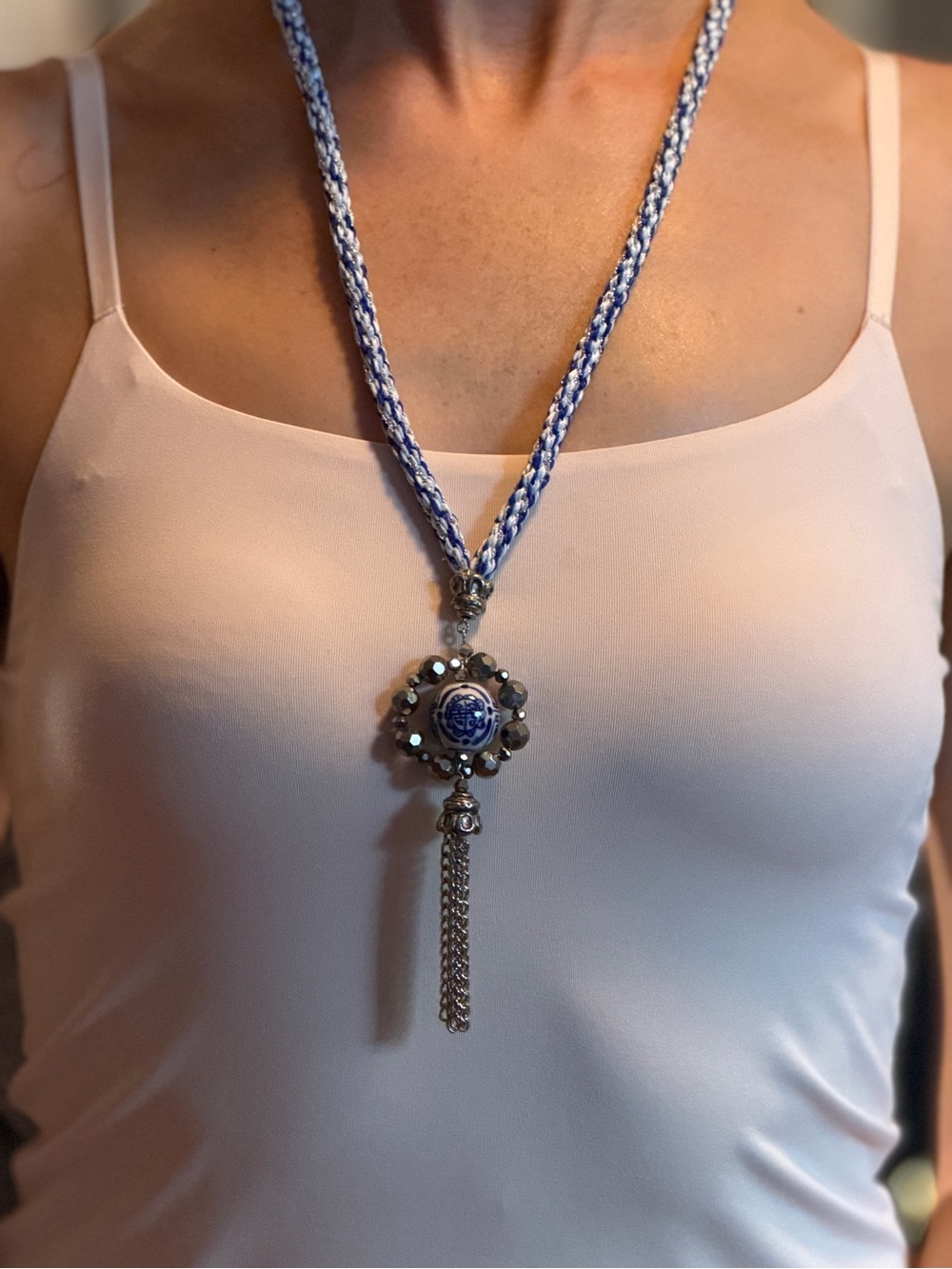 Dragon's Gate Blue & White kumihimo Porcelain Pendant Necklace